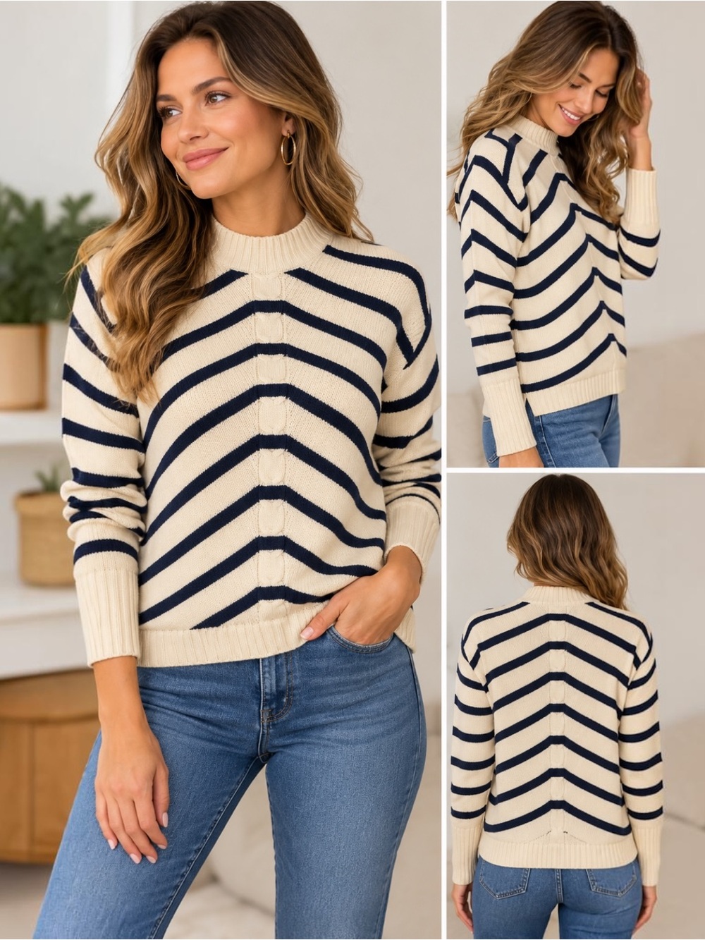 Vineyard Vines 100% Merino Wool Sweater Women S Navy Cream Stripe Cable Knit